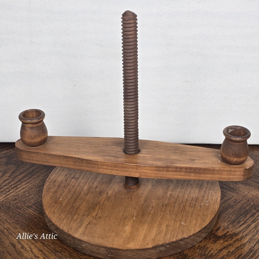 Vintage Handmade Wooden Adjustable Height Screw Center 2 Arm Candle Stick Holder